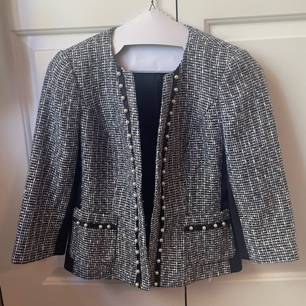 White House Black Market Navy Tweed Jacket with Pearls